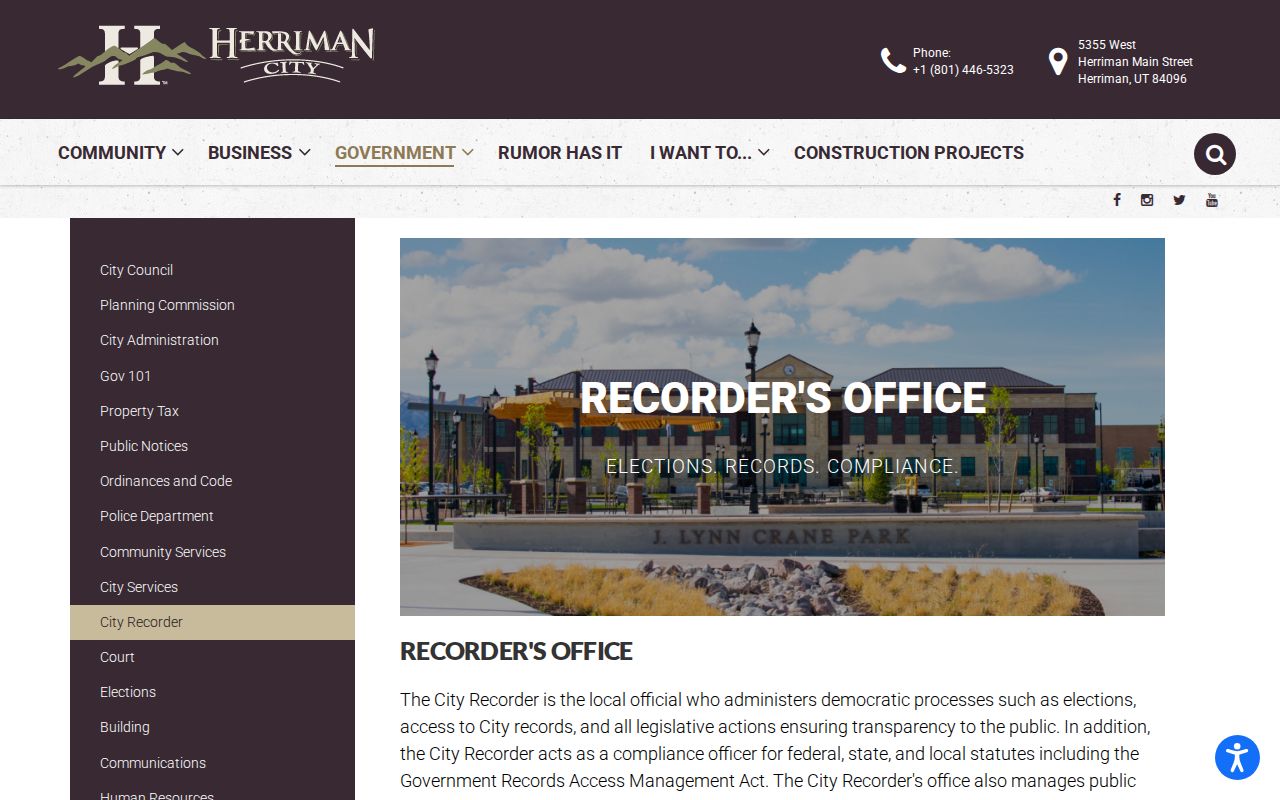 Herriman people search City Recorder records office