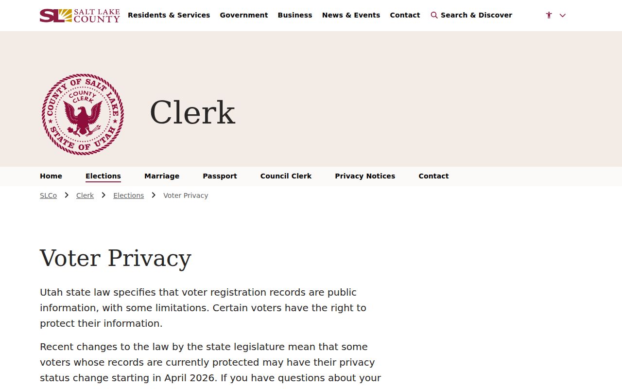 Herriman voter records privacy guidance from Salt Lake County Elections