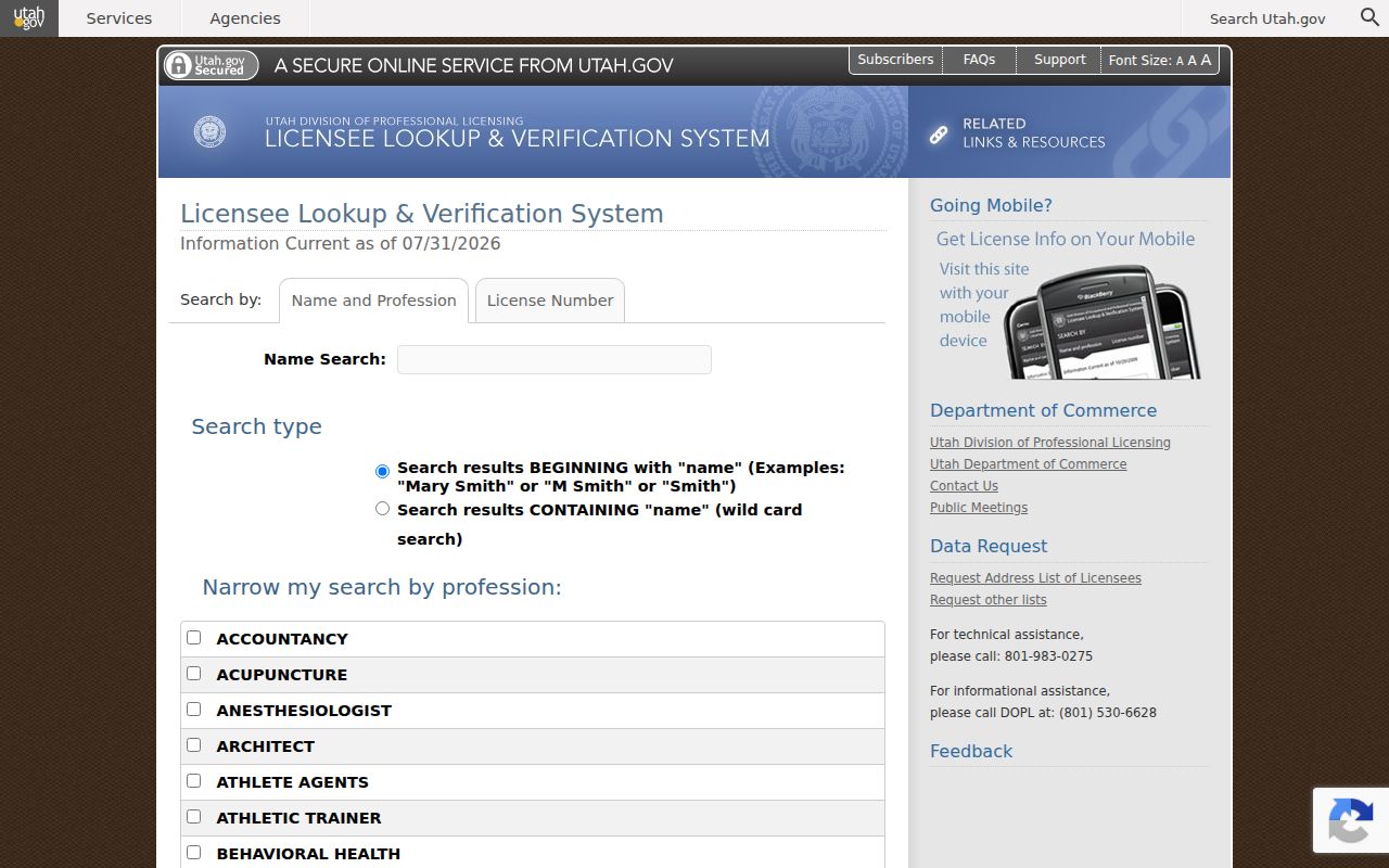 Herriman people search Utah professional license records fields